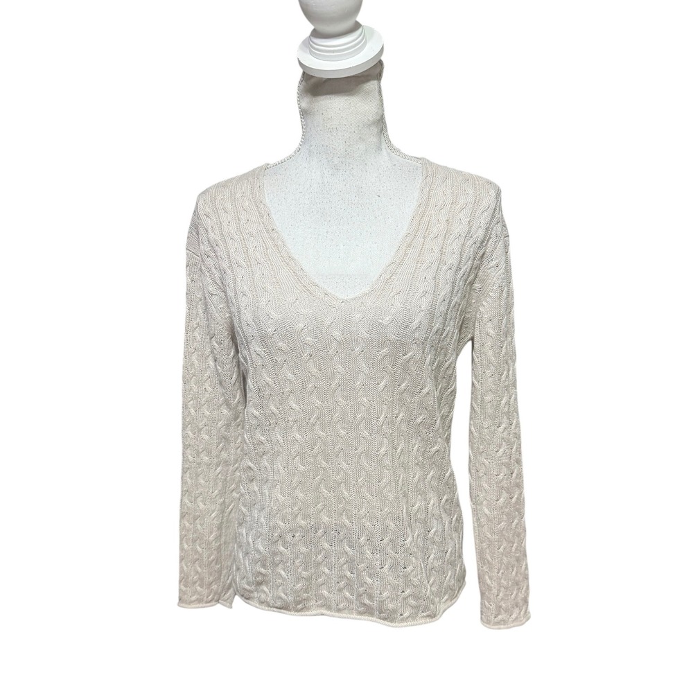 WHITE LABEL The White Company Linen Cable Knit V Neck Sweater Cream Beige 10